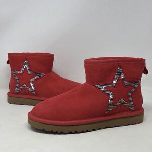 UGG Classic Mini Star Sequin Boots Womens 7 Red Suede Sheepskin STORE MODEL